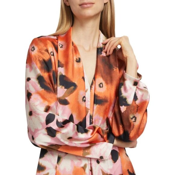 Tanya Taylor Canyon Tie-Neck Blouse Watercolor Poppy Print Size XS - Picture 3 of 14